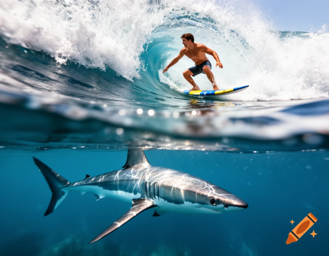 A surfer on a yellow and blue board rides a large wave while a shark swims beneath the water's surface in the foreground.