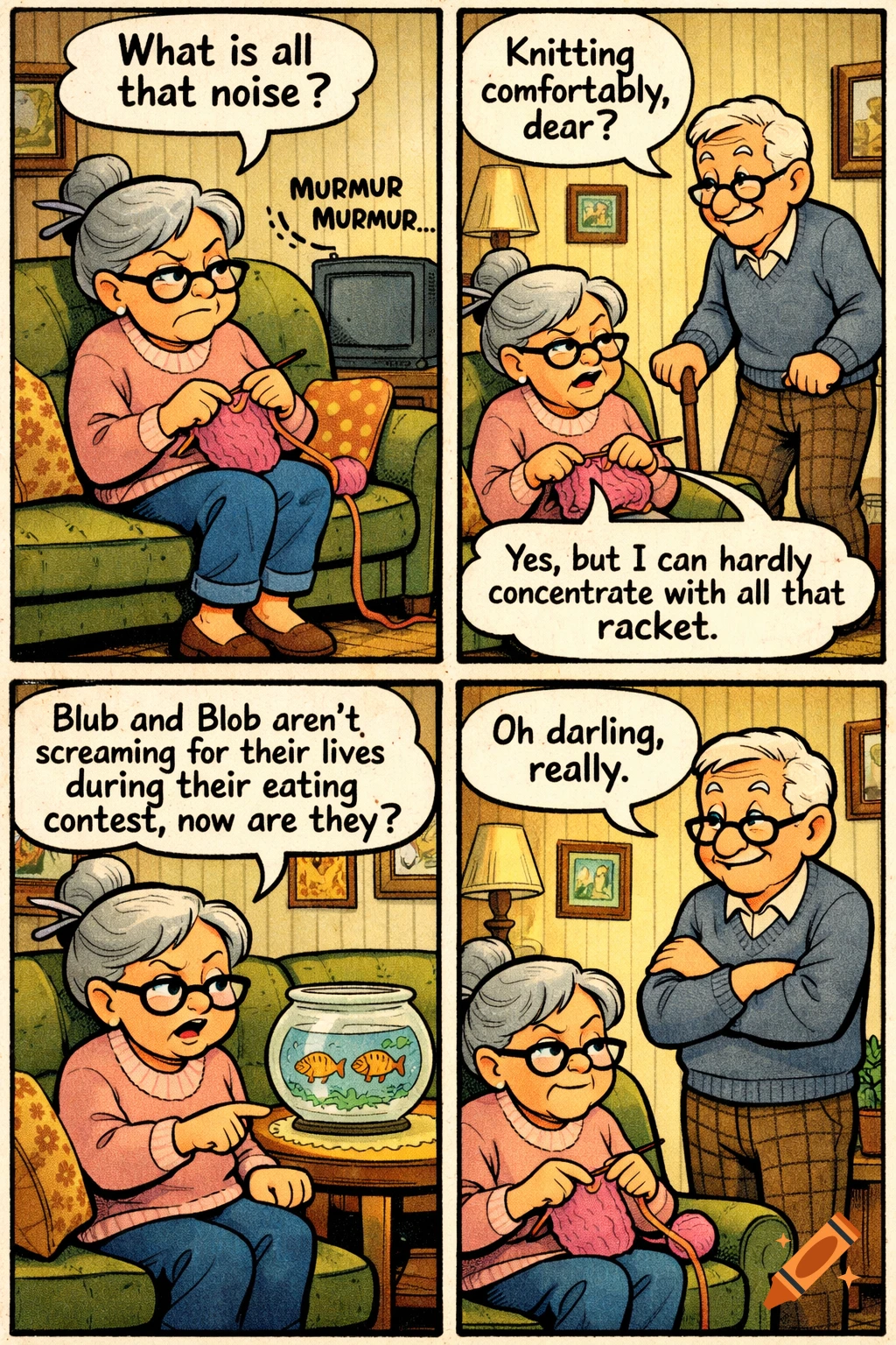 A four-panel comic strip in a classic cartoon style. An elderly woman knits, complaining about noise, which her husband discovers is from their two goldfish.