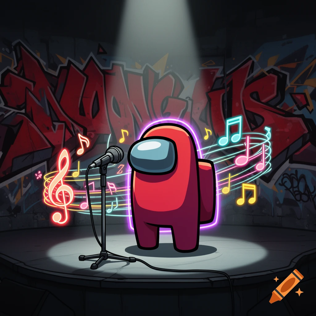 A red Among Us character performs on a stage under a spotlight, surrounded by glowing musical notes and a microphone, against a graffiti wall.