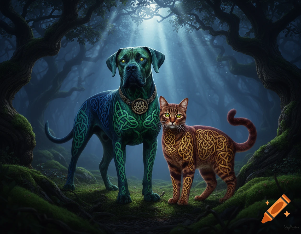 A green Celtic knot patterned dog and a brown Celtic knot patterned cat with glowing eyes stand in a mystical forest.