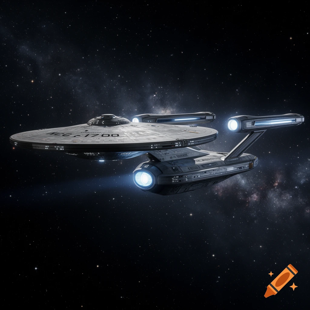 A detailed Starship Enterprise, NCC-1700, with glowing blue engines, flying through a star-filled galaxy.