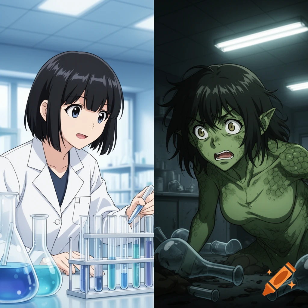 Split anime image showing a woman in a lab coat doing science on the left, and a scared green lizard-woman in a messy lab on the right.