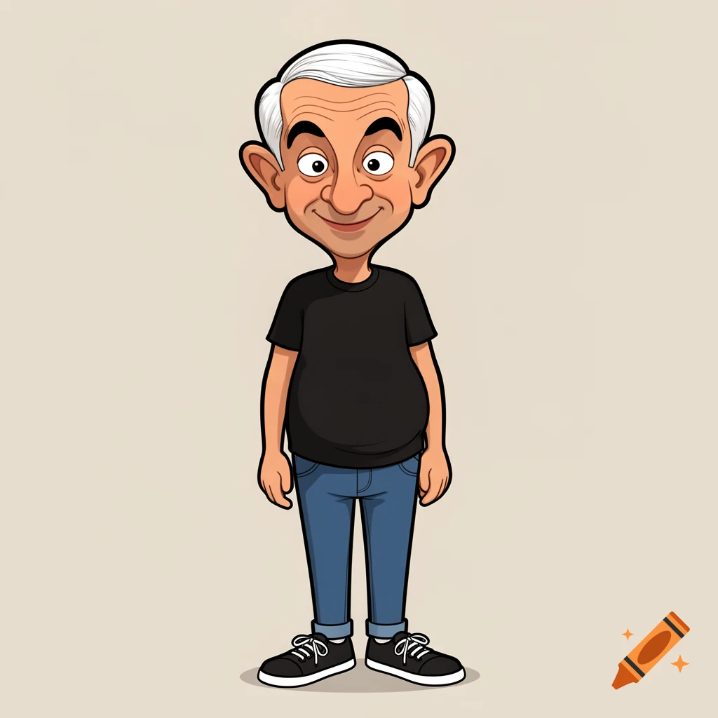 A friendly cartoon caricature of an older man with white hair, a black t-shirt, blue jeans, and black sneakers, standing against a light background.