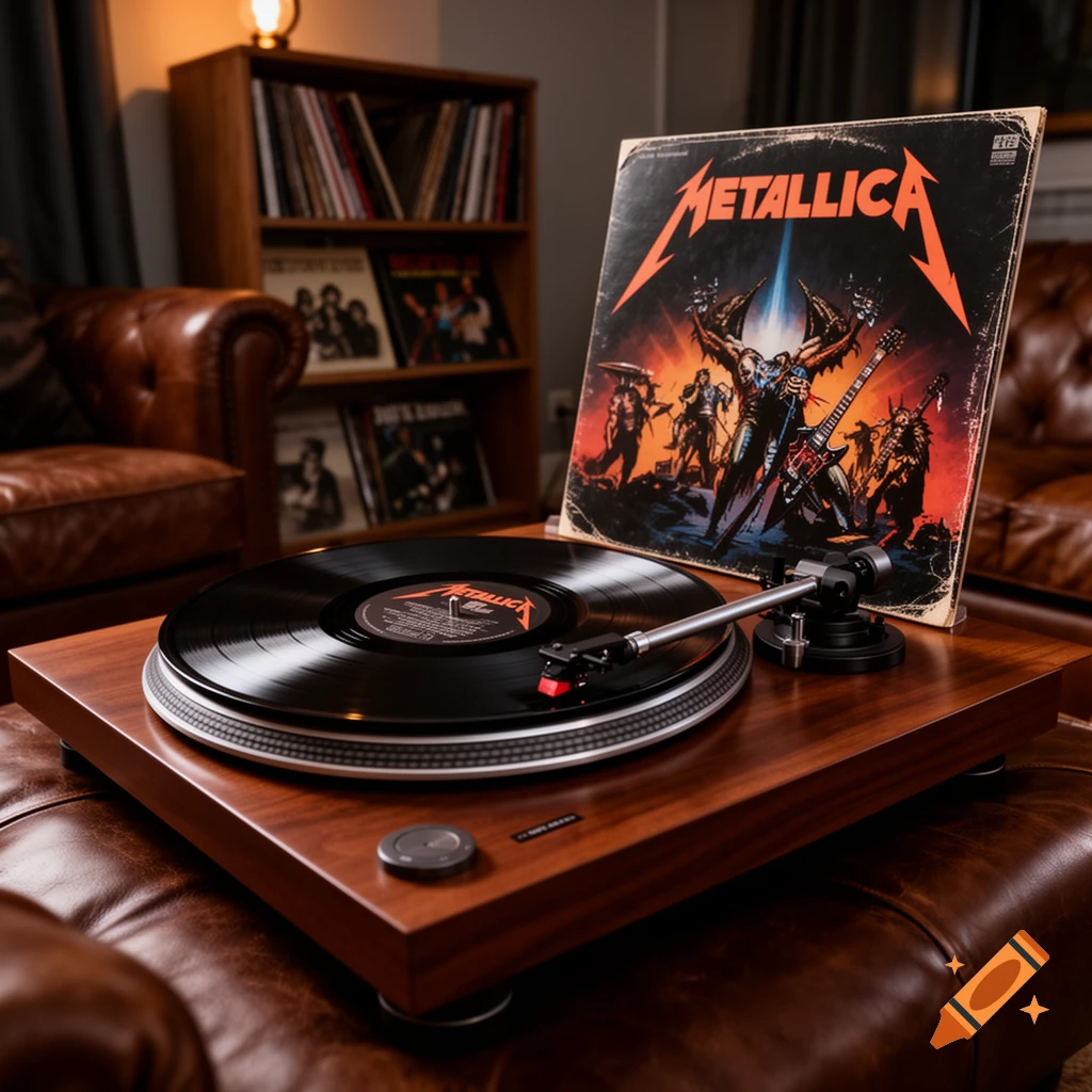 A close-up shot of a turntable playing a vinyl record, with a Metallica album cover standing upright next to it, set in a cozy room.
