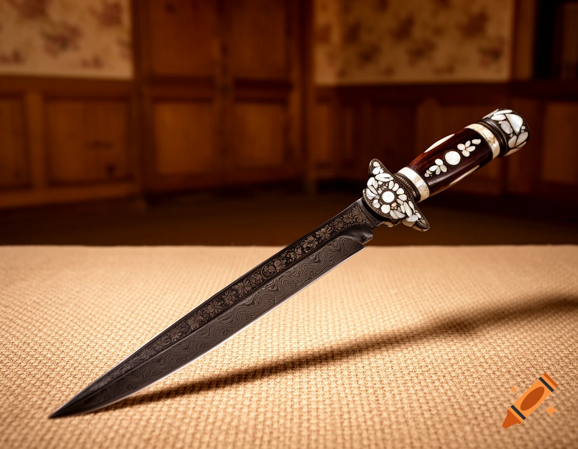 A detailed, ornate dagger with a patterned blade and a white-inlaid wooden handle resting on a textured surface.