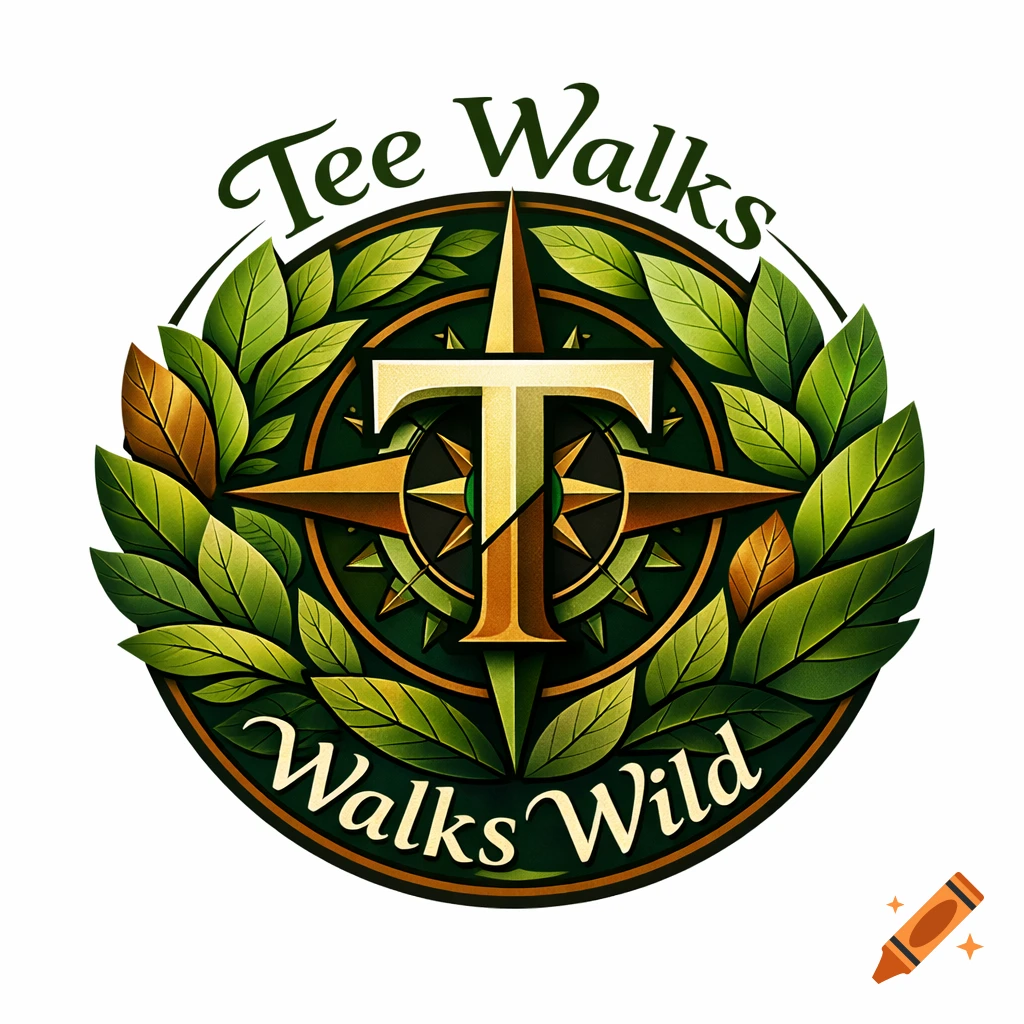 A circular logo featuring a golden 'T' over a compass design, encircled by green and brown leaves, with the text "Tee Walks" at the top and "Walks Wild" at the bottom.