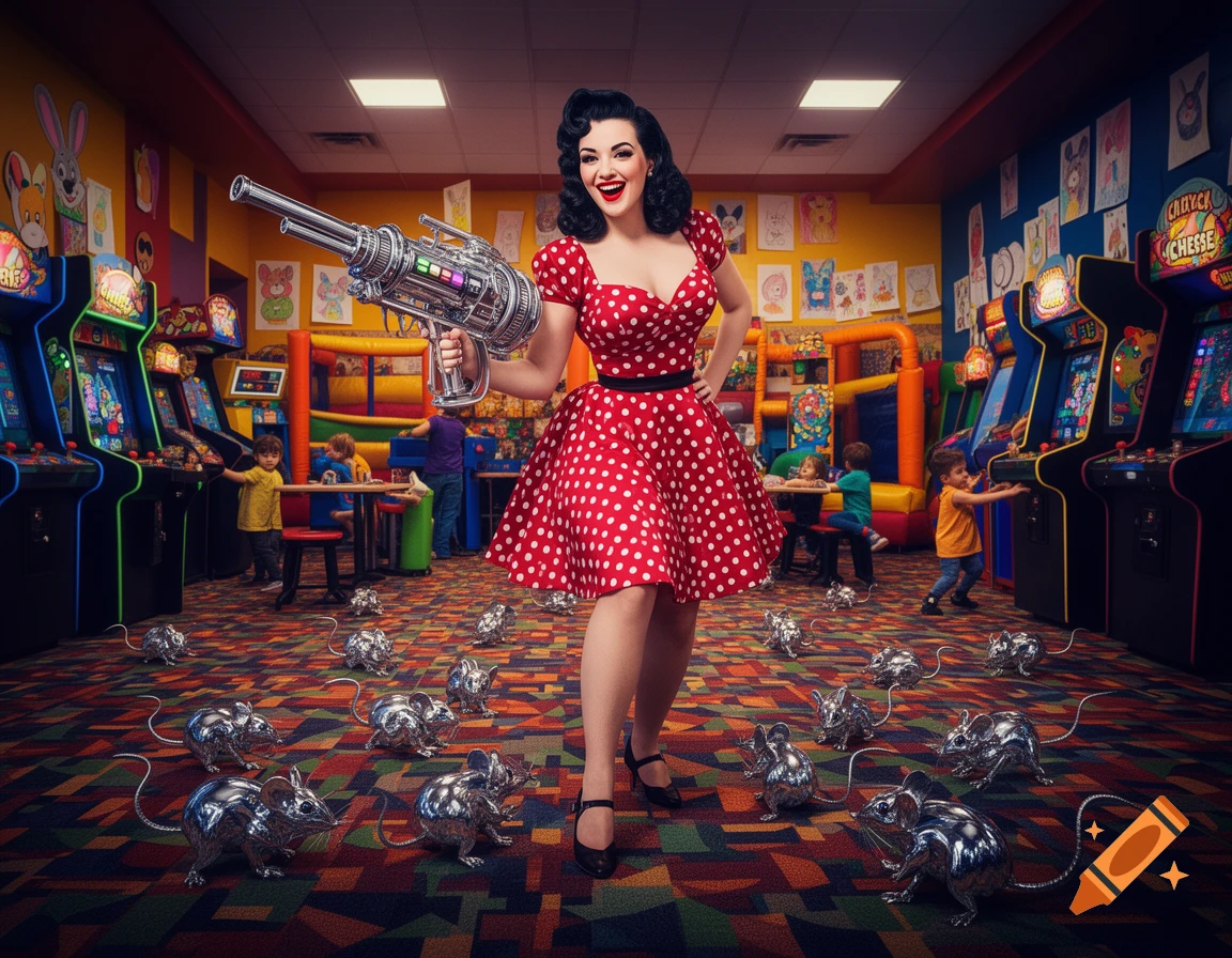 A smiling pin-up woman in a red polka dot dress holds a futuristic chrome ray gun, standing in a Chuck E. Cheese-style arcade with chrome mice on the floor and children playing in the background.
