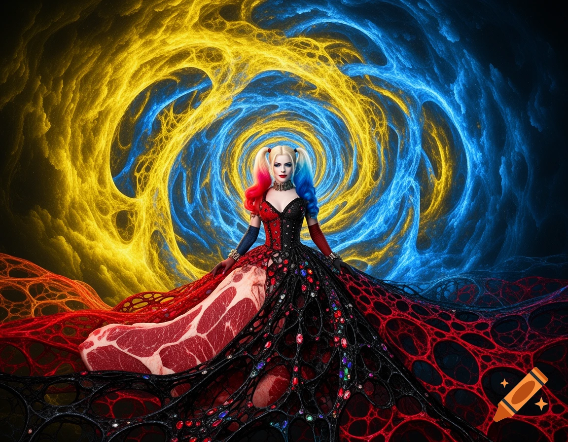 Harley Quinn sits in a vibrant, surreal gown featuring raw meat textures and cellular patterns, against a swirling yellow and blue fractal vortex background.