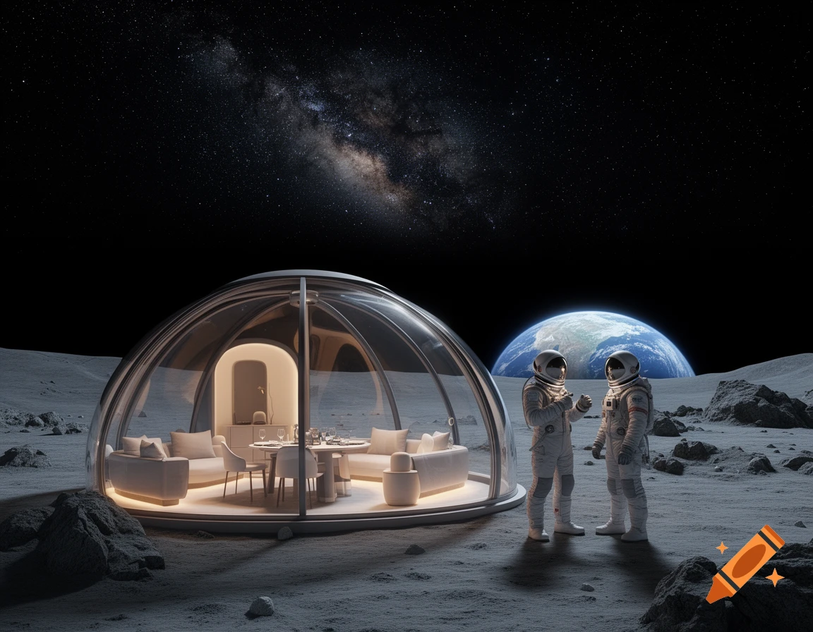Two astronauts stand on the moon, observing a transparent glamping dome and Earth in the starry night sky.