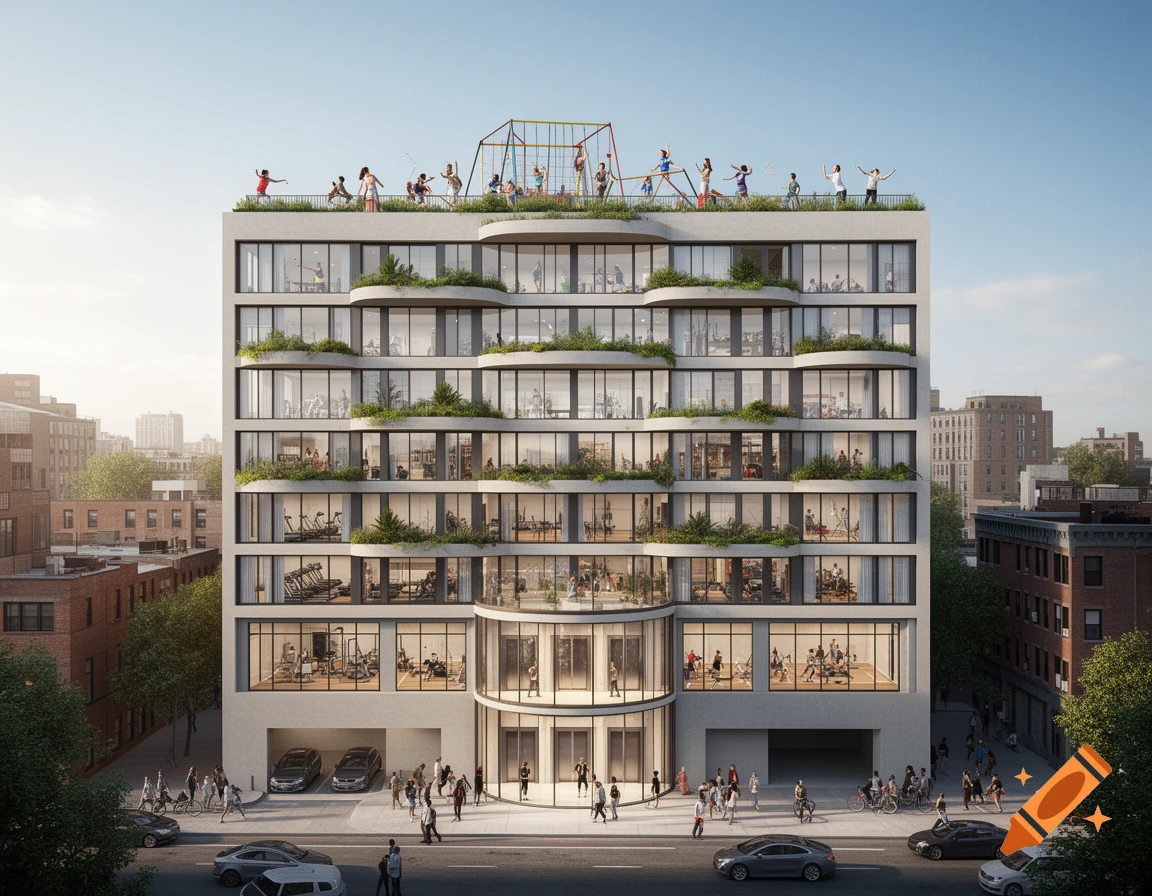 Photorealistic rendering of a modern multi-story building with green terraces, rooftop playground, street-level gyms, and a rounded glass entrance.