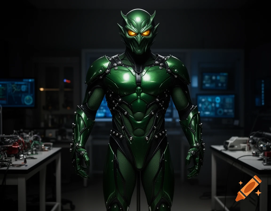 A photorealistic image of the Green Goblin in a detailed, metallic green suit with glowing orange eyes, standing in a dark lab.