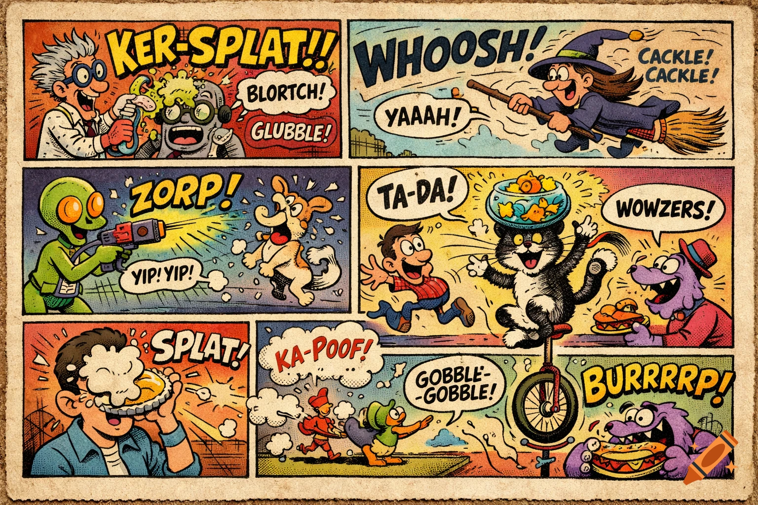 A multi-panel, vintage-style cartoon comic strip showing various humorous characters and actions, including sound effects.