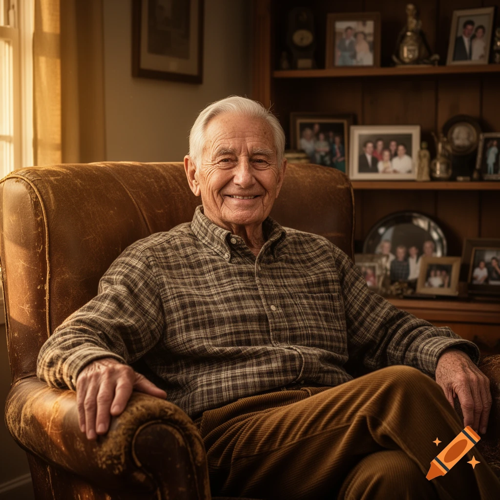 A smiling elderly man with white hair sits comfortably in a brown leather armchair in a warm, photorealistic indoor setting.
