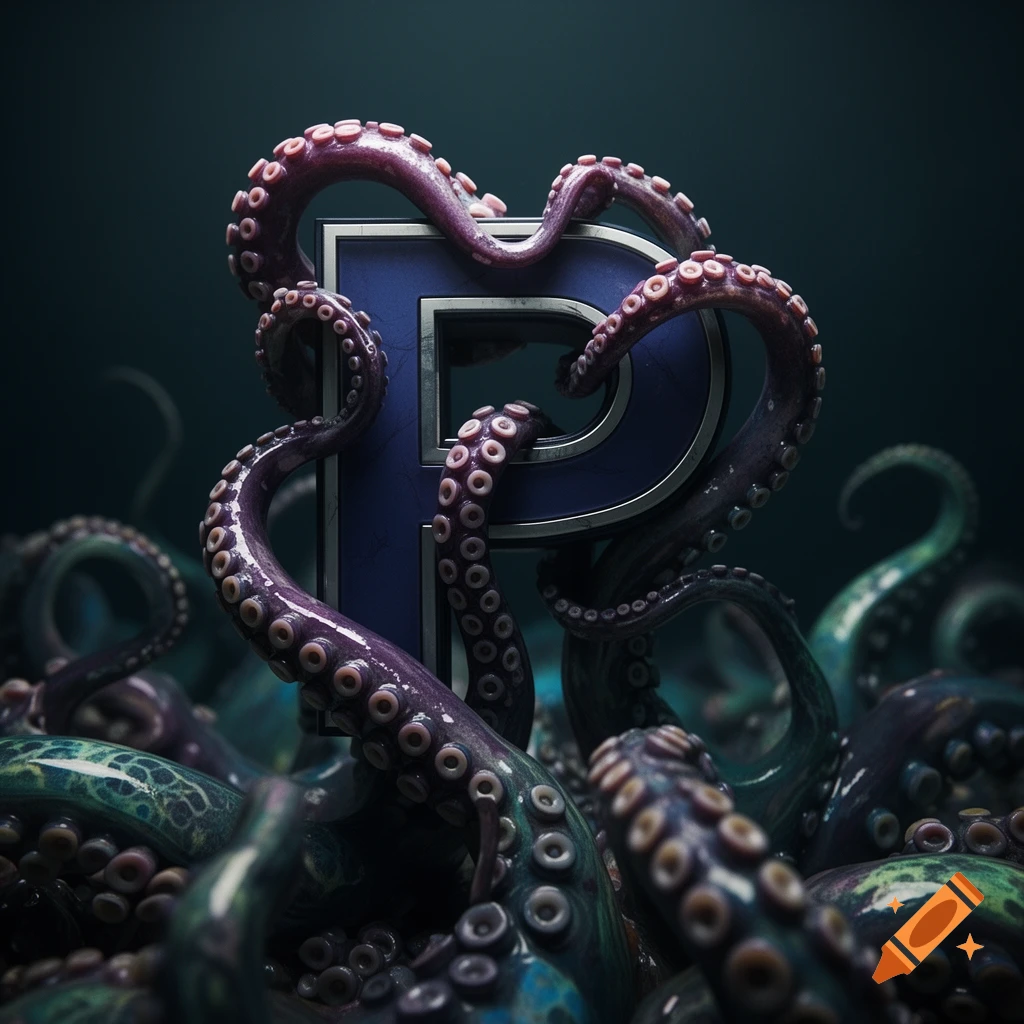 A dark blue, metallic letter 'P' is engulfed by purple and green octopus tentacles in a mysterious, dark underwater setting.