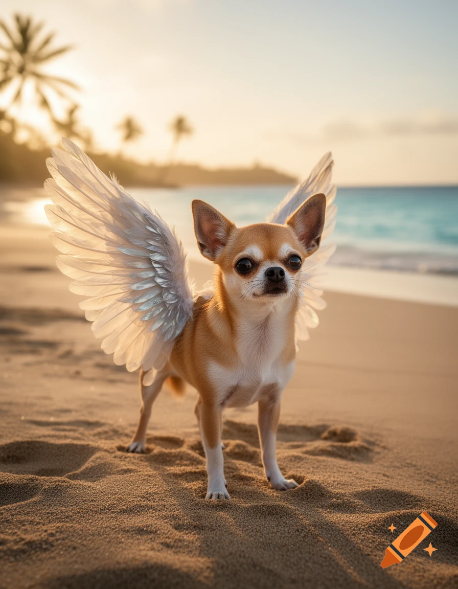 A photorealistic chihuahua with translucent angel wings stands on a sandy beach during sunset.