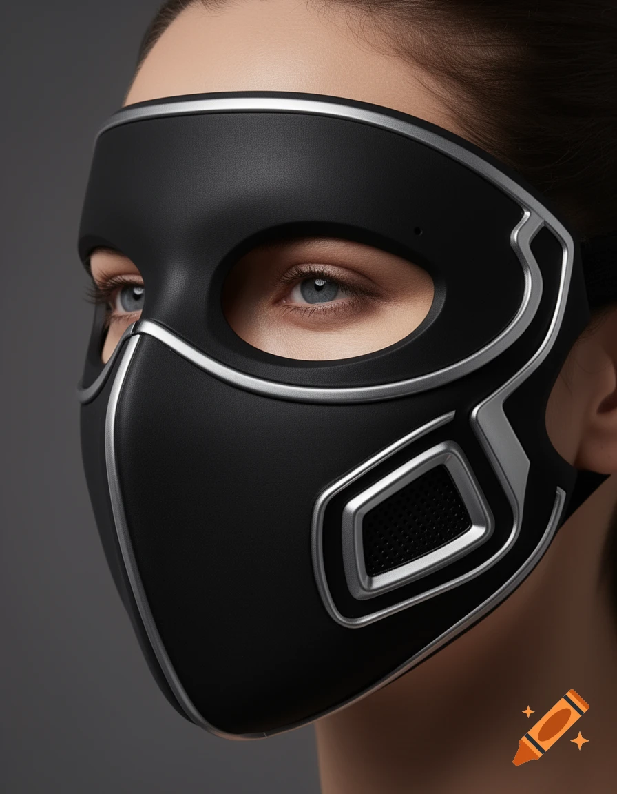 A close-up, photorealistic portrait of a person wearing a sleek black and silver futuristic mask covering most of their face.