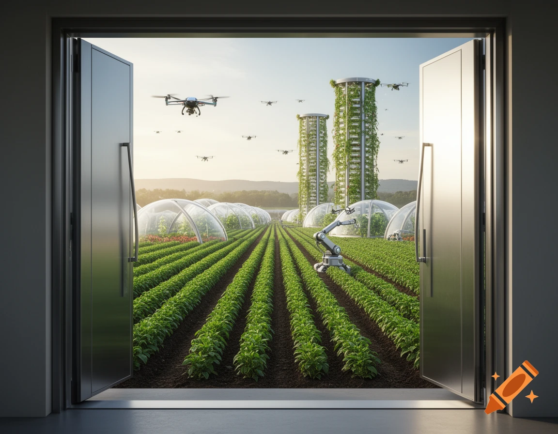A view through an open door into a futuristic farm with rows of crops, greenhouses, vertical farms, a robot, and drones flying under a bright sky.
