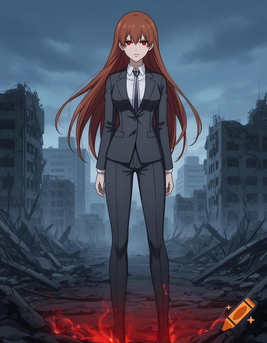 Anime woman with red eyes and long brown hair in a grey suit stands in a destroyed city with red glowing energy at her feet.