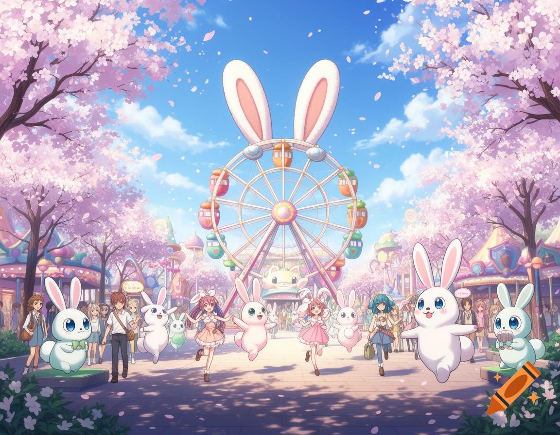 Anime-style amusement park with blooming cherry trees, a Ferris wheel, and people accompanied by cute white bunnies.