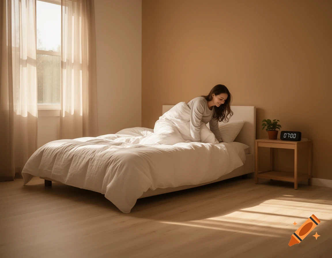 A woman in pajamas sits up in bed in a warm, sunlit bedroom with a digital alarm clock showing 07:00.