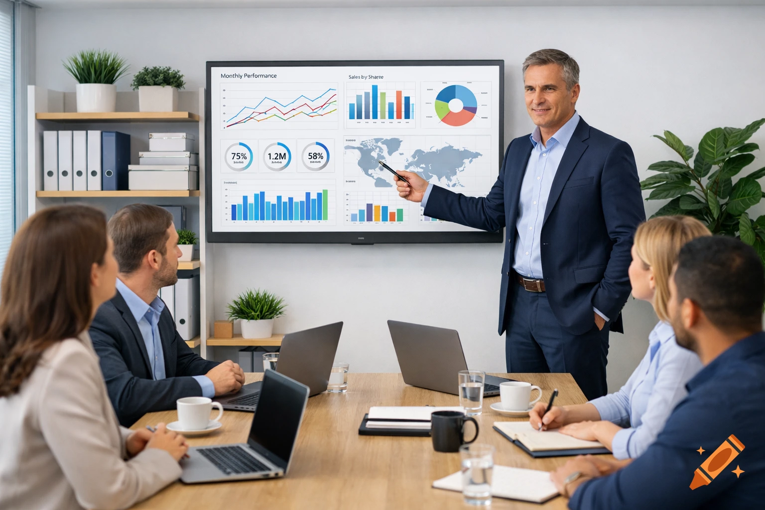 A corporate executive points to a large monitor displaying business analytics to a team in a bright office.