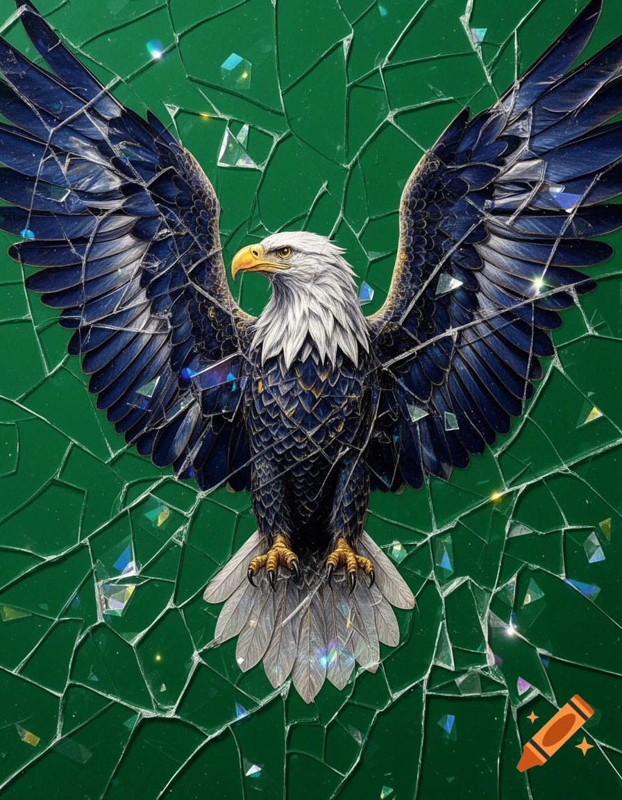 Stylized American eagle with outstretched wings, set against a vibrant green background with a shattered glass effect.