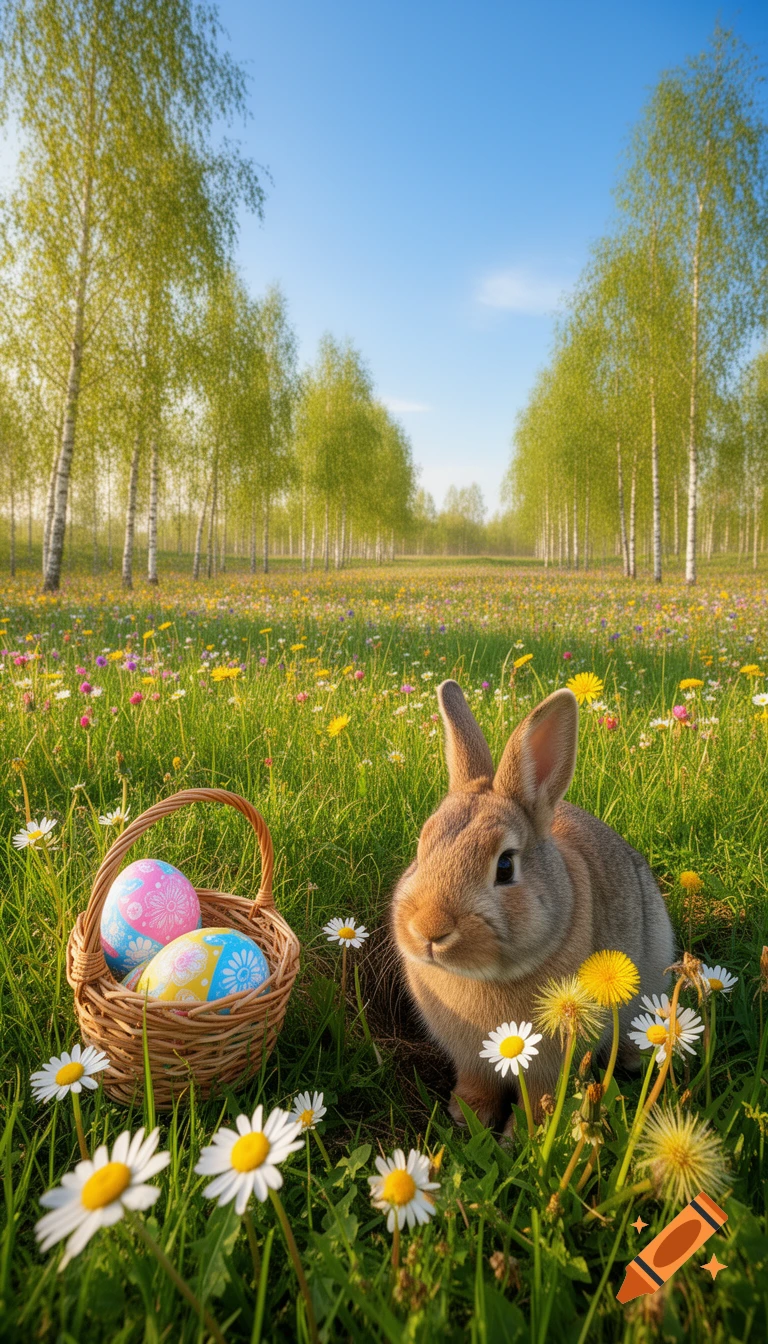 A brown bunny sits in a vibrant spring meadow filled with wildflowers and birch trees, next to a basket holding two decorated Easter eggs.