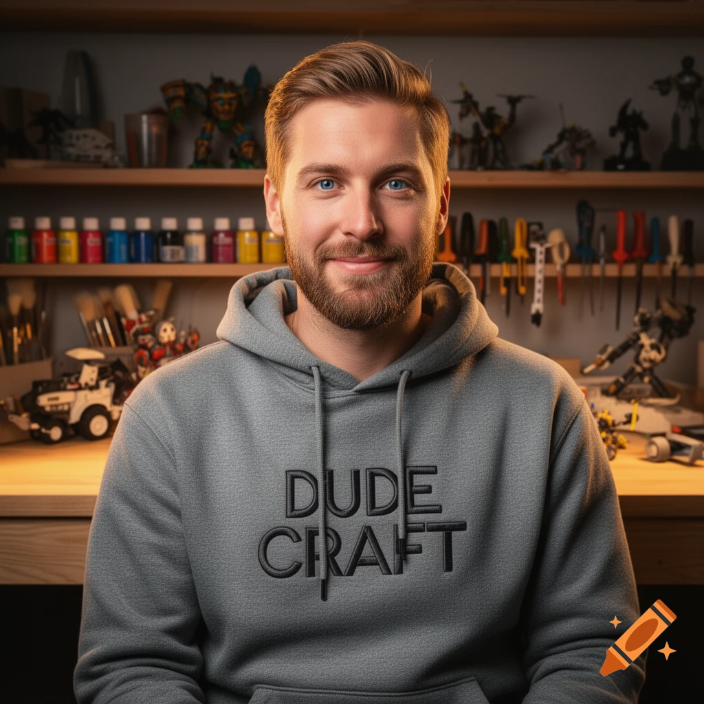 A smiling man with a beard and a "DUDE CRAFT" hoodie sits in a well-lit workshop, with tools and models behind him.