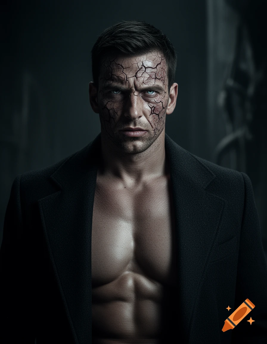 Intense man with a cracked face and glowing eyes, muscular chest exposed under a dark open coat, in a dramatic, dim setting.
