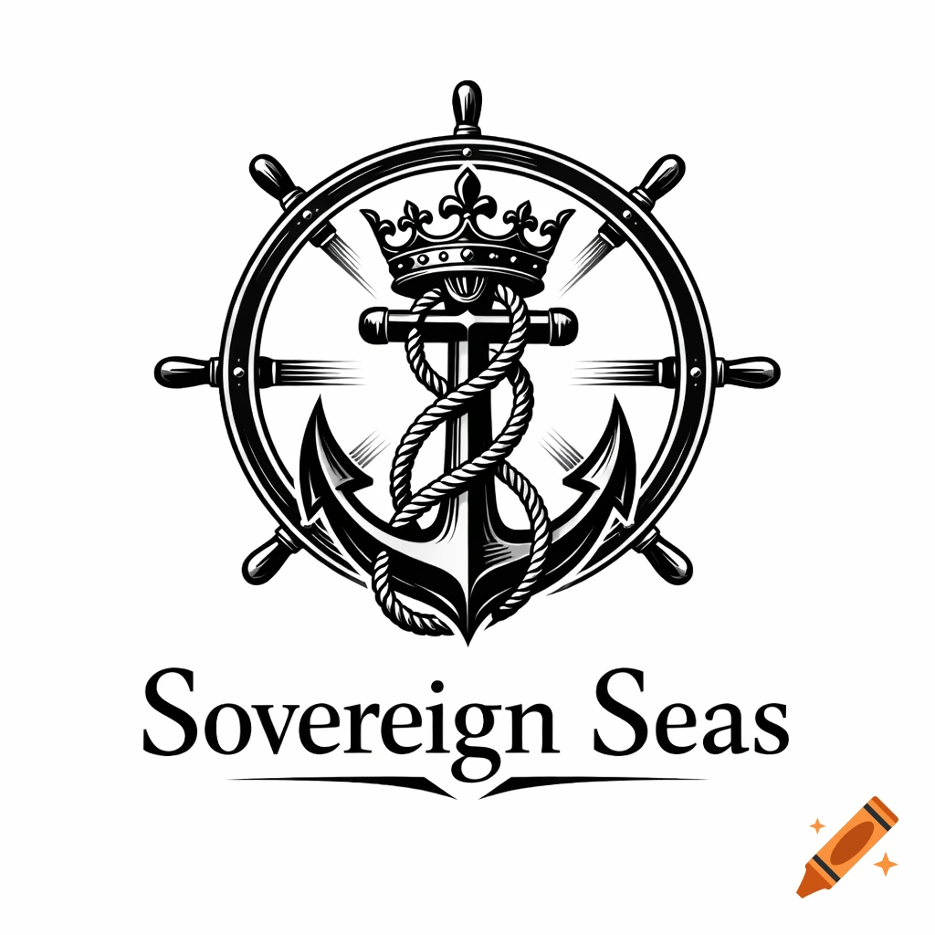 Black and white nautical logo featuring a ship's wheel, anchor, crown, and rope, with the text 'Sovereign Seas'.