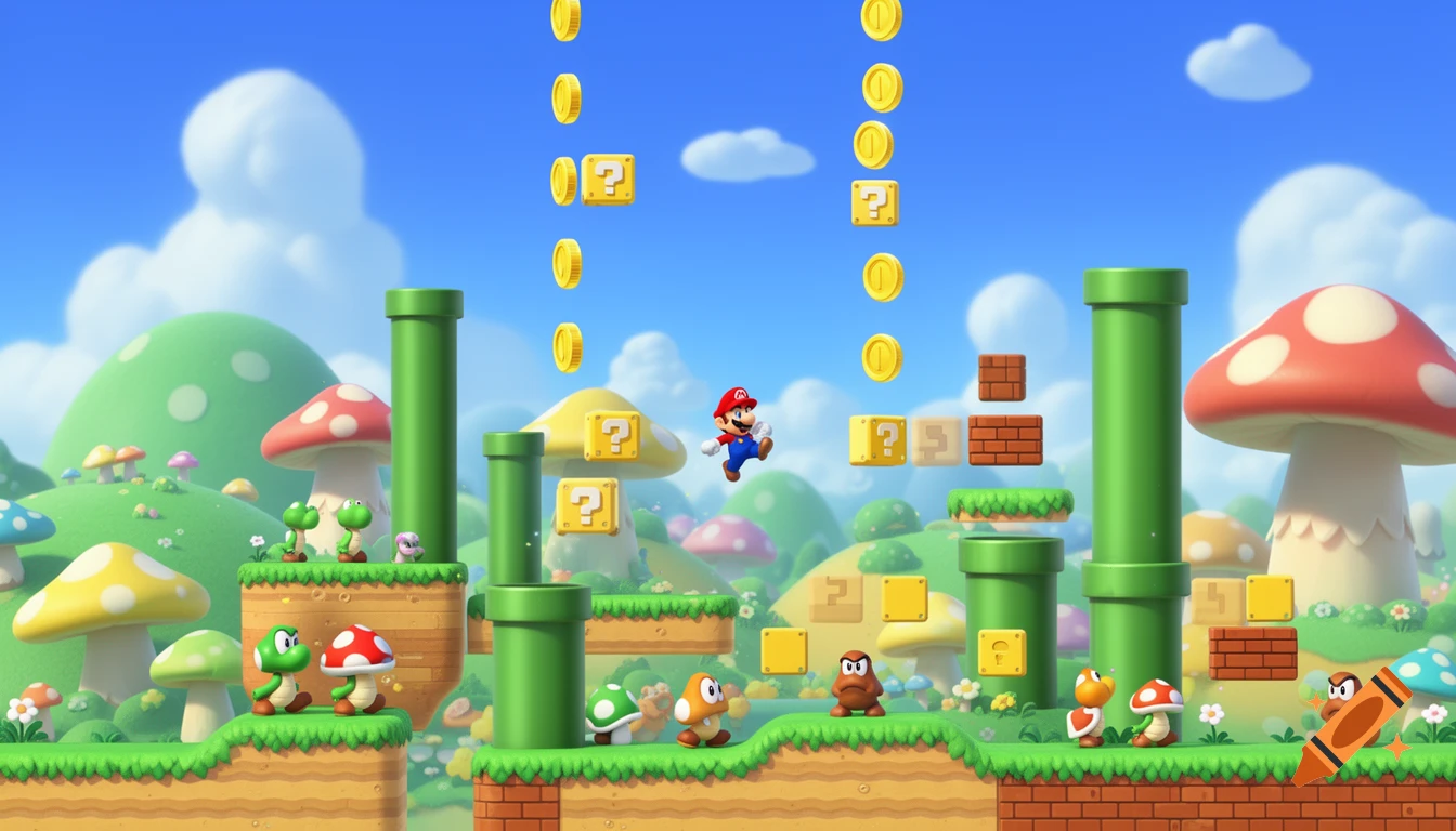 Super Mario jumping in a colorful game level with pipes, question blocks, coins, Yoshis, and Goombas.