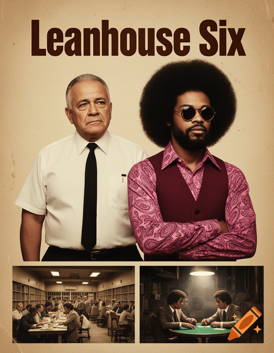 Retro movie poster for 'Leanhouse Six' showing an older man, a younger man with an afro, and smaller scenes of a prison and poker.