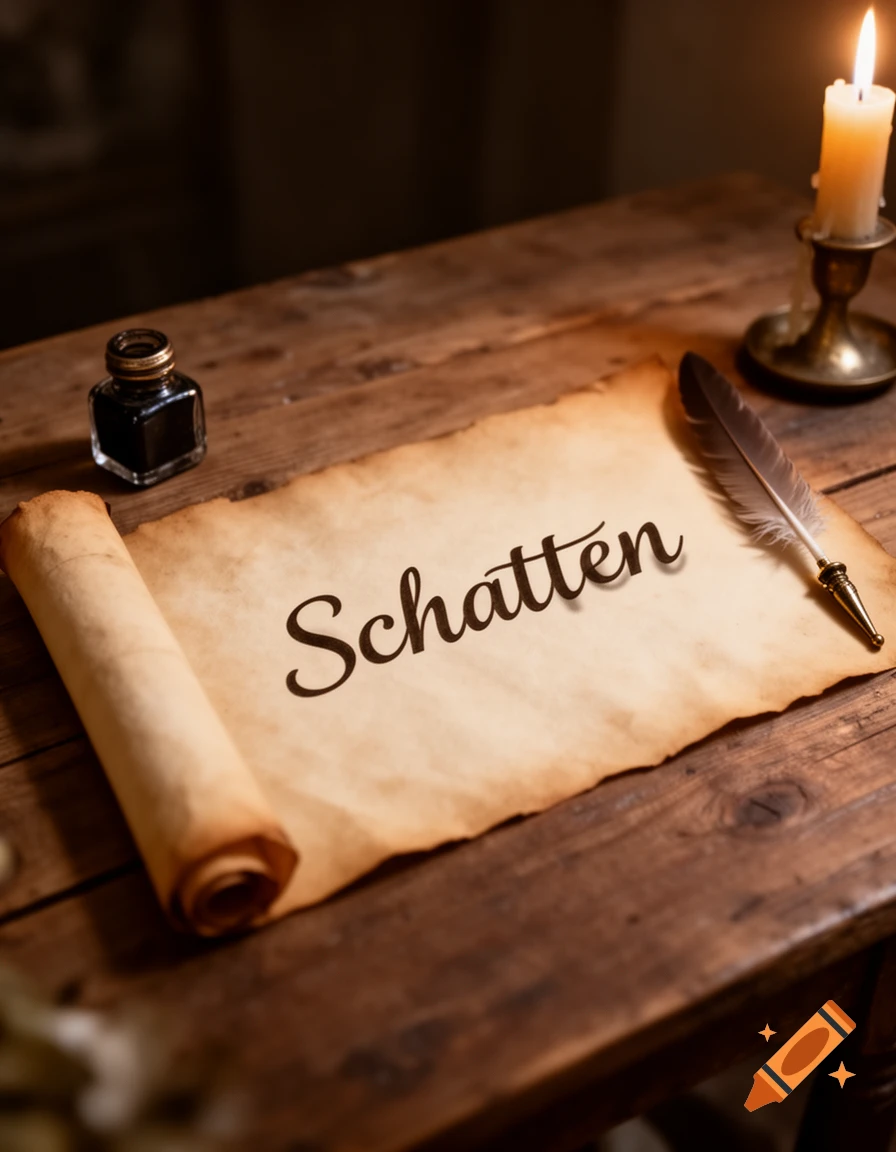 A close-up of aged parchment with "Schatten" written on it, beside a quill, inkwell, and lit candle on a wooden table.