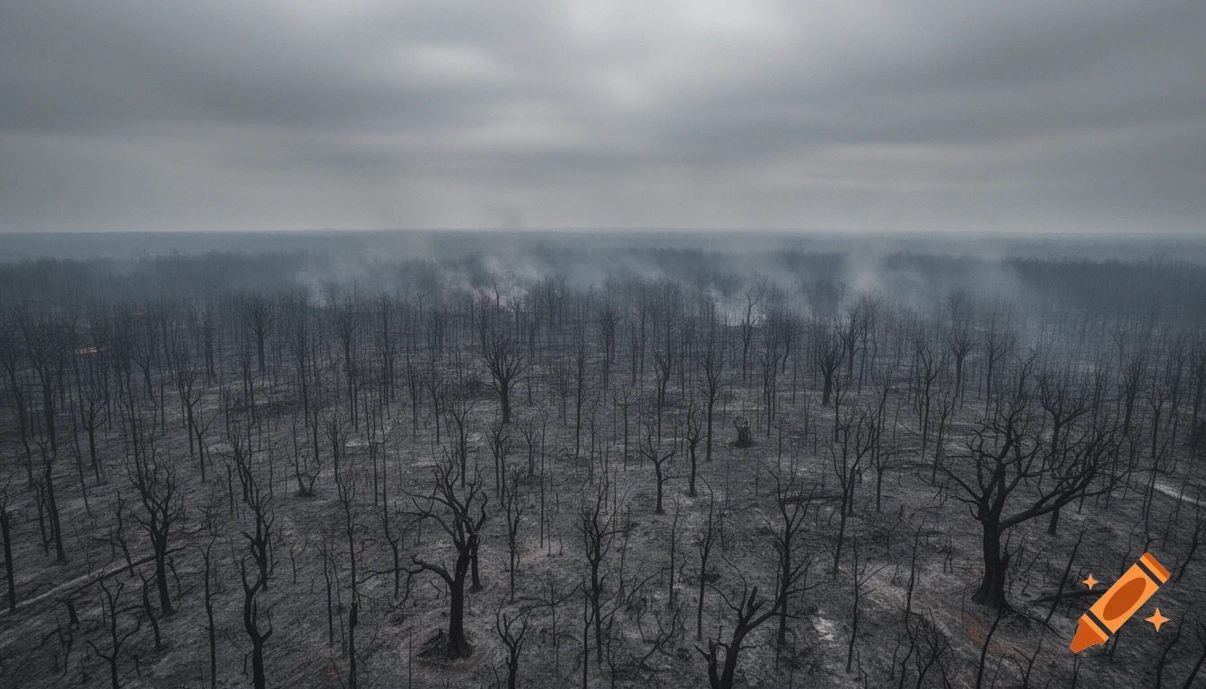 Aerial view of a desolate, ash-covered forest with bare, burnt trees under a grey, cloudy sky. Smoke rises from the scorched landscape.