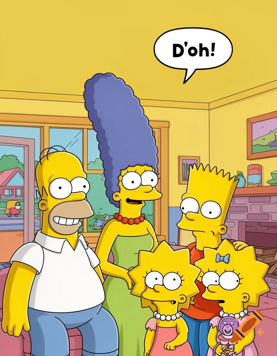 The Simpsons family, including Homer, Marge, Bart, Lisa, and Maggie, gathered in their living room, with Marge saying 'D'oh!' in a speech bubble.