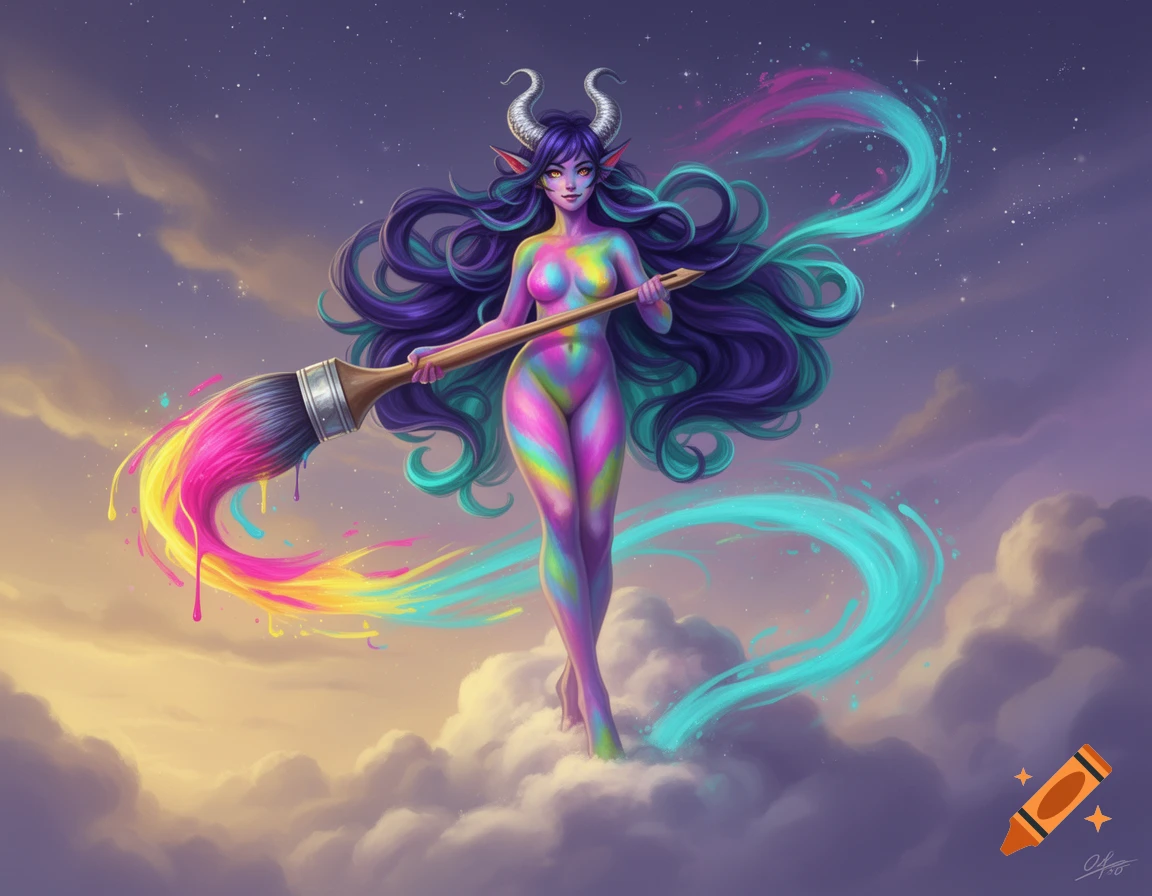 A vibrant, rainbow-colored demon girl with horns and long hair stands on clouds, holding a giant paintbrush. Starry sky background.