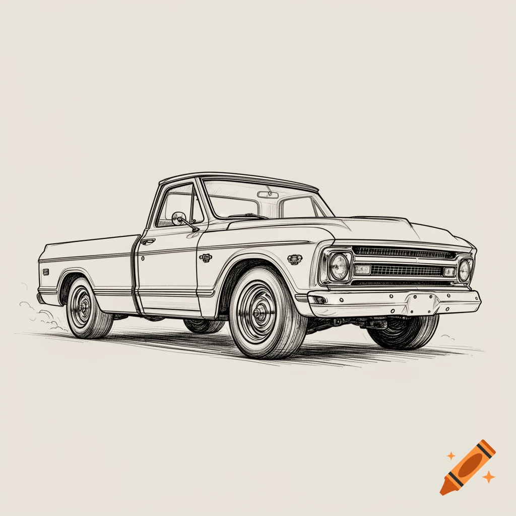 Line art drawing of a 1966 C10 Chevrolet pickup truck, depicted from a three-quarter front view on a light background.