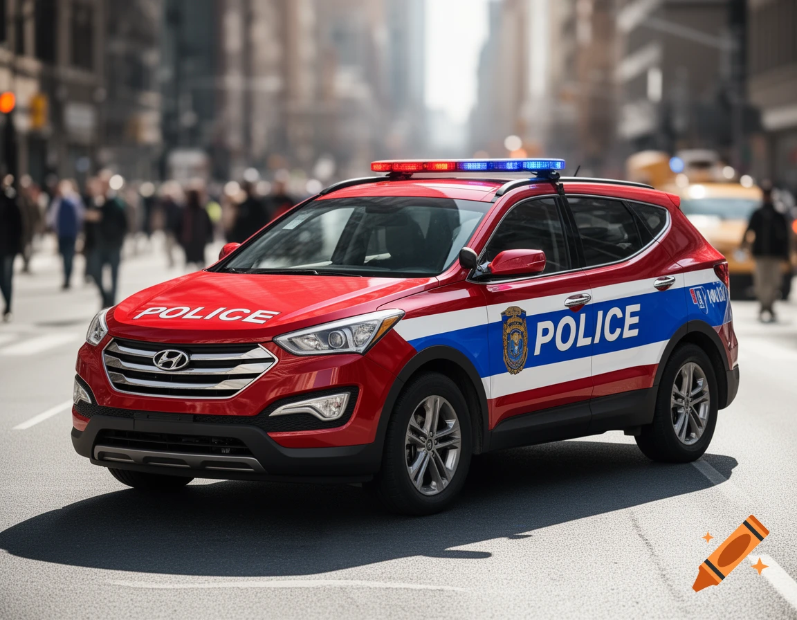 A red Hyundai Santa Fe Sport SUV with police livery, including blue and white stripes, a police badge, and the word "POLICE" on its side and hood, is parked on a busy city street.