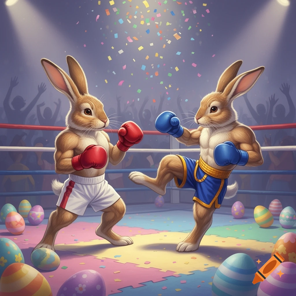 Two muscular anthropomorphic bunnies, one in red boxing gloves and white shorts, the other in blue boxing gloves and blue shorts, fight in a boxing ring. Colorful Easter eggs are scattered around the ring floor, with confetti falling from above. Cartoon style.