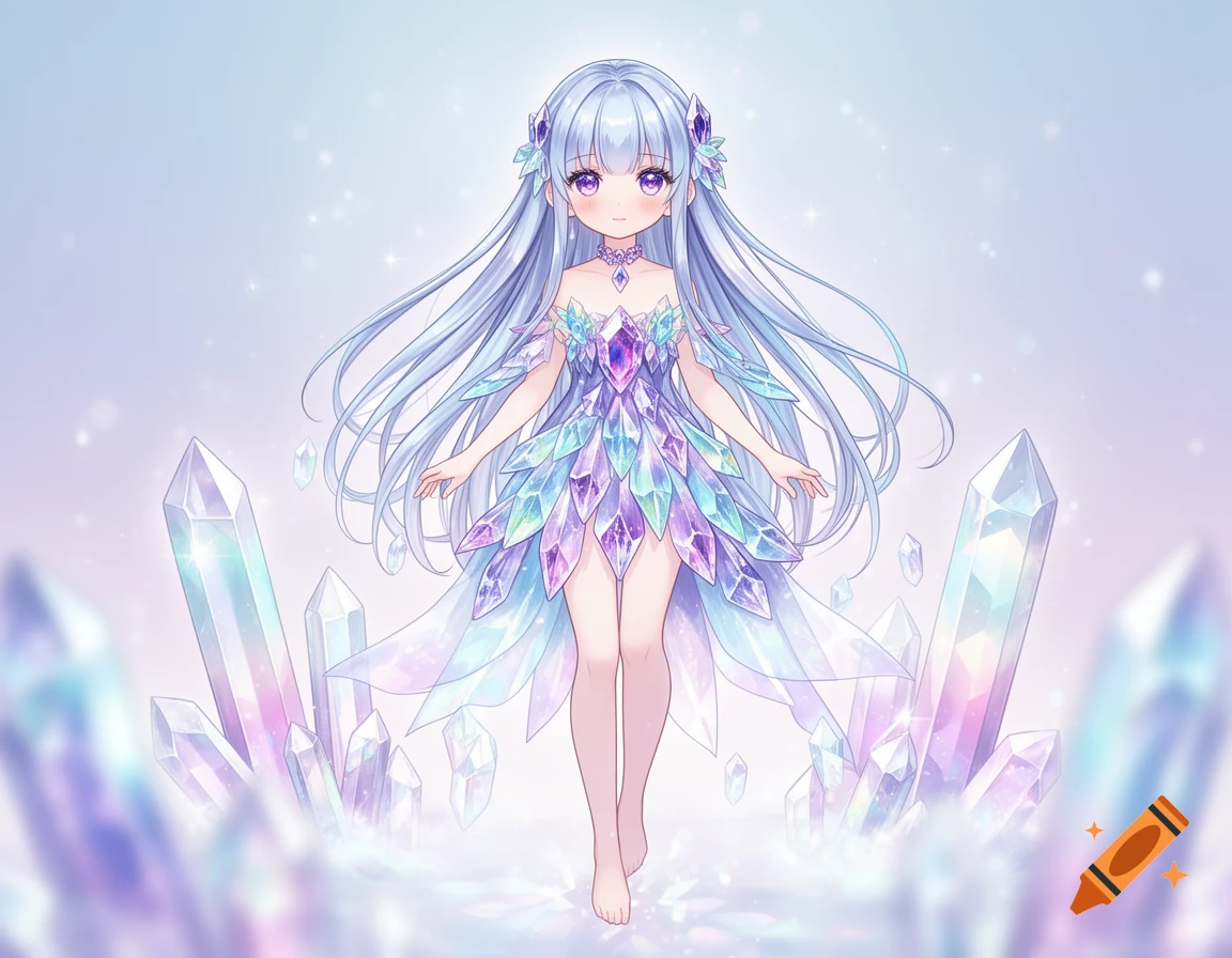 A cute anime girl with long light blue hair and purple eyes wears a dress made of sparkling iridescent crystals, surrounded by large crystal formations.