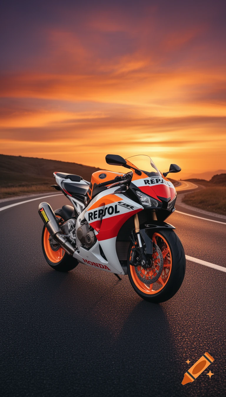 Ultra-realistic Honda CBR1000RR Repsol motorcycle with Akrapovic exhaust, parked on a winding road at sunset under an orange sky.