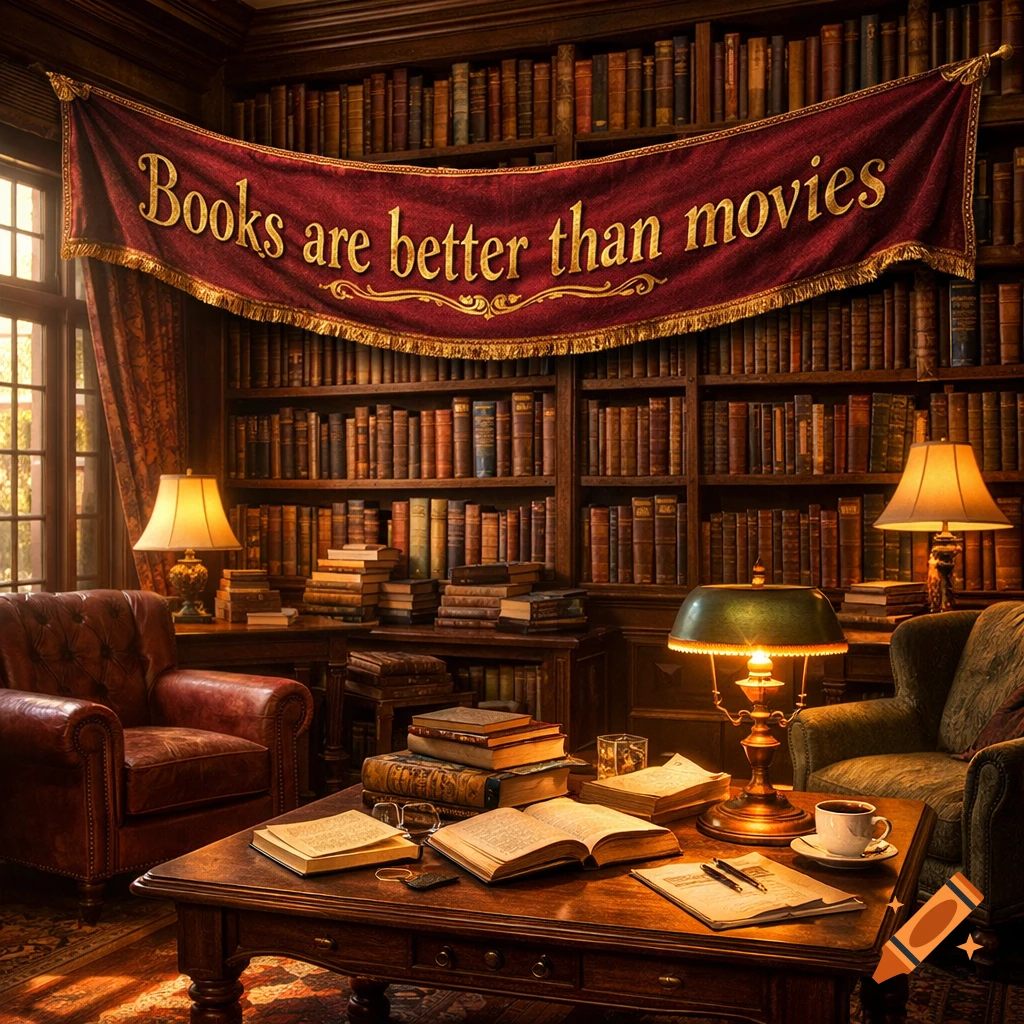 A cozy library room with dark wooden bookshelves filled with books, a red banner proclaiming "Books are better than movies", comfortable armchairs, and a coffee table with open books and a cup of coffee.