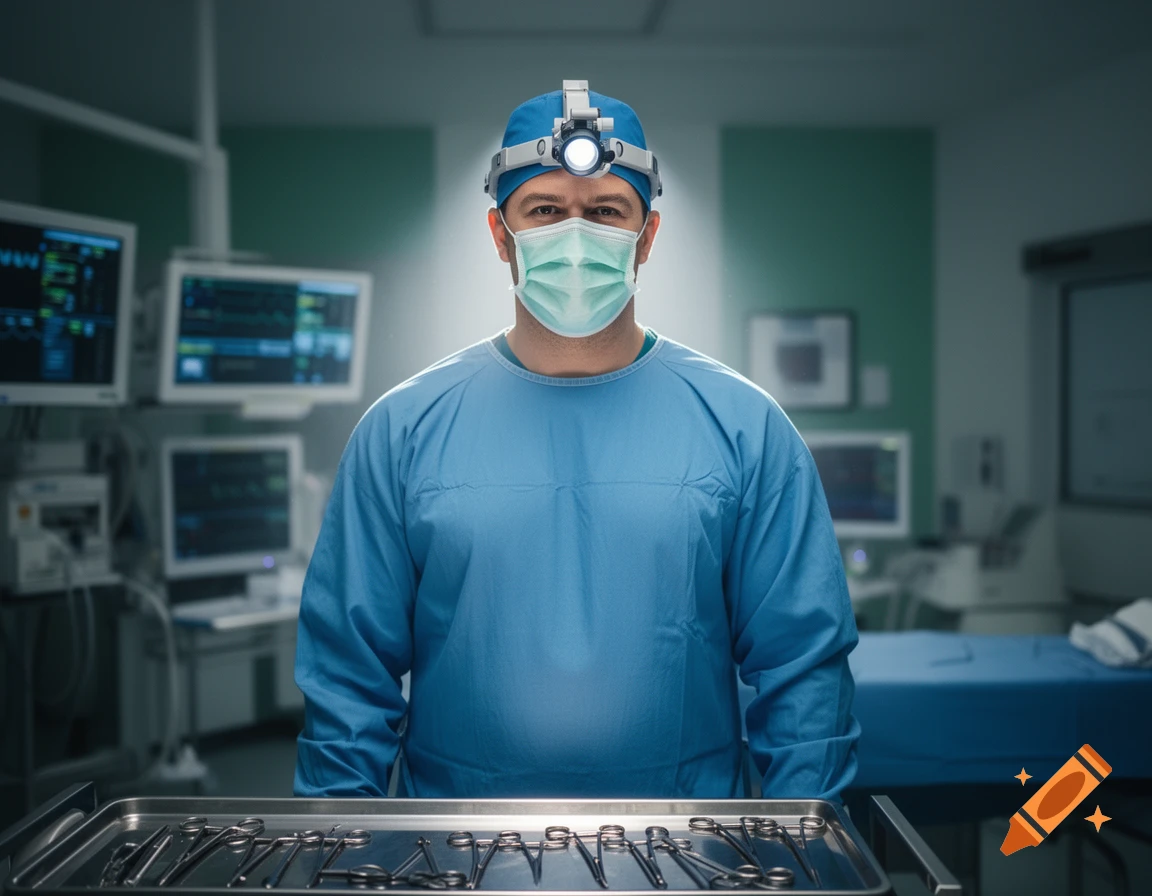 A male surgeon in blue scrubs, a mask, and a headlamp stands in an operating room with surgical tools in the foreground. Photorealistic style.