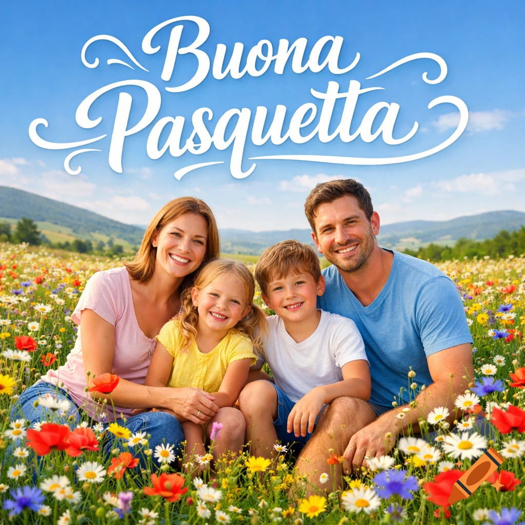 A smiling family sits in a vibrant field of colorful wildflowers under a blue sky, with 'Buona Pasquetta' written in white script above.