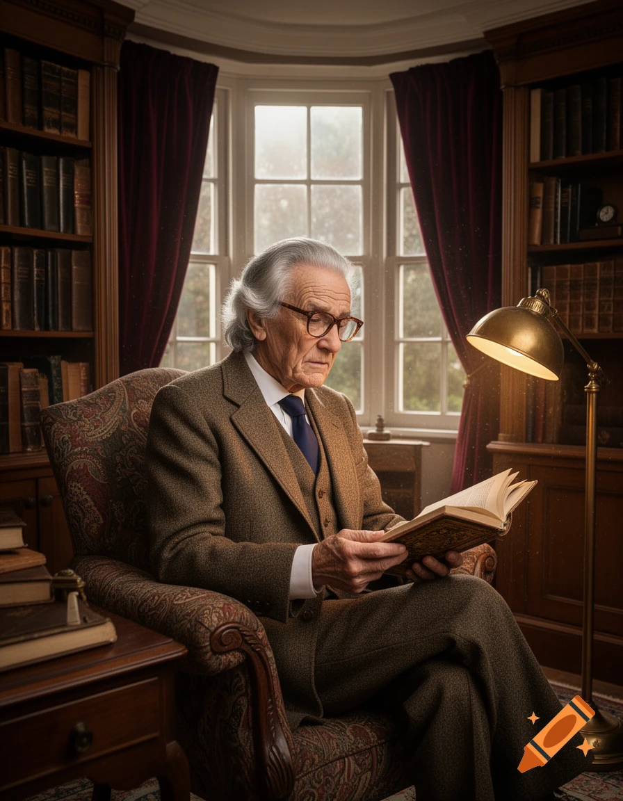 An elderly man with white hair and glasses reads a book in a cozy, wood-paneled library with red curtains.