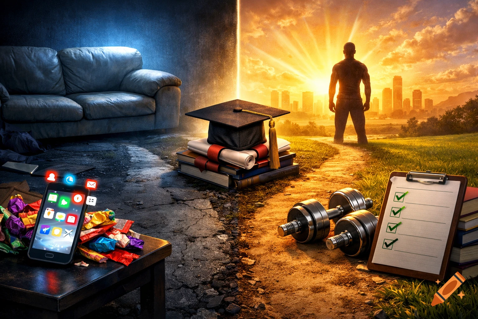 Metaphorical split path: one side dark with sofa, phone, junk food; other side bright with books, weights, leading to a strong person and sunset city.