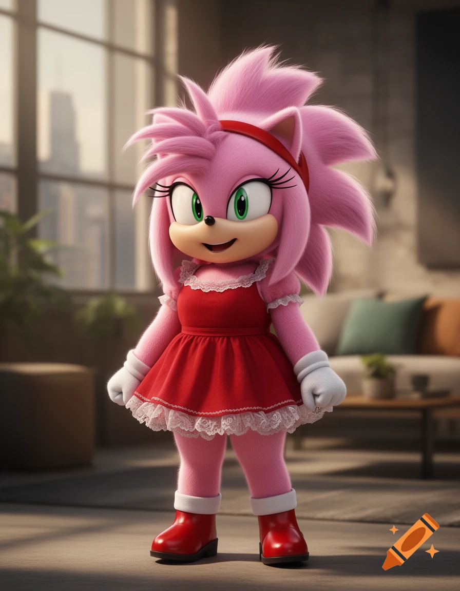 Amy Rose from Sonic the Hedgehog, with pink fur, wearing a red dress and boots, standing in a modern apartment.