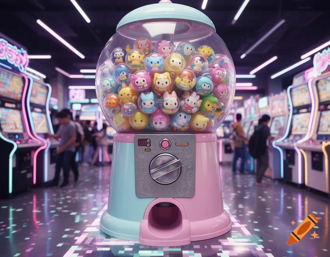 A large, pastel gumball machine filled with cute gacha characters in a neon-lit arcade.