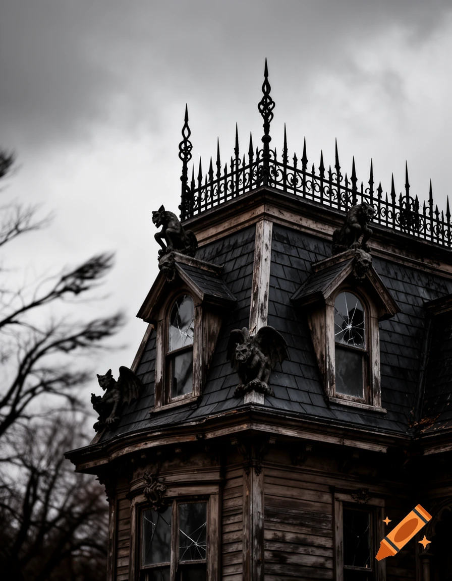 A close-up of the dark, weathered roof and upper windows of a spooky Victorian mansion, featuring gargoyles and a spiky iron fence against a cloudy sky.