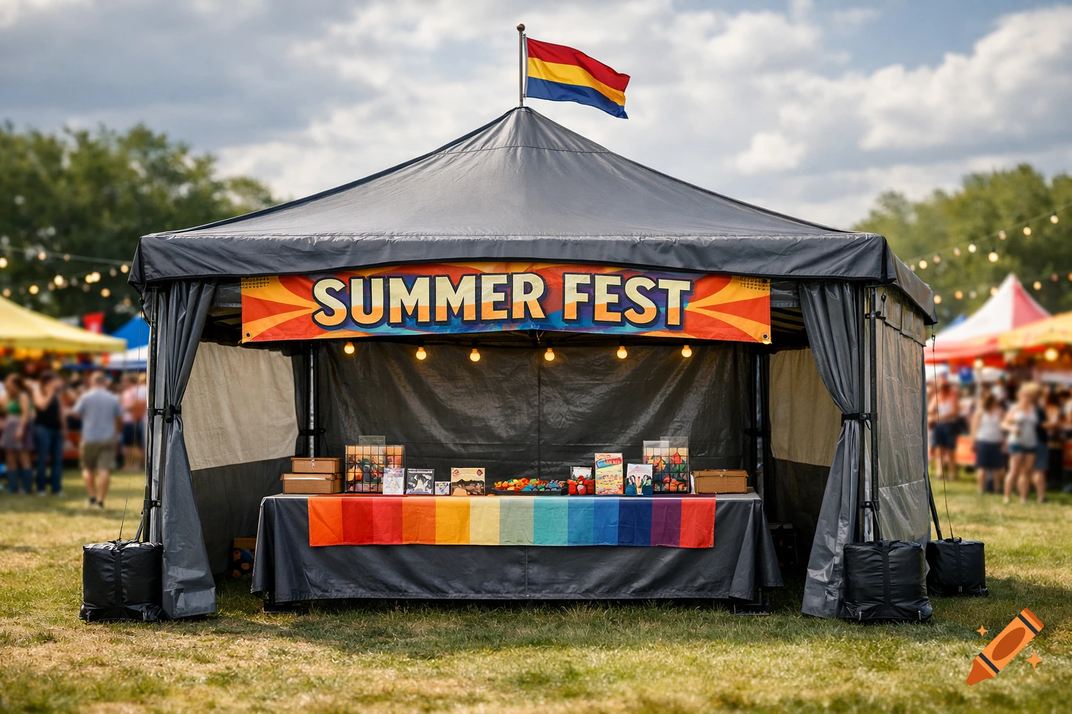 A festival tent with a 'SUMMER FEST' banner and a rainbow tablecloth stands in a grassy field, with blurred people and other tents in the background.